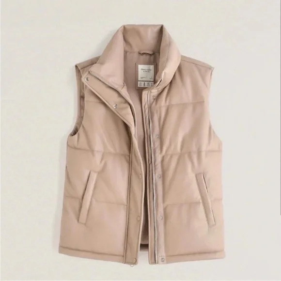 Abercrombie & Fitch Faux Leather Puffer Vest Camel Neutral Size Small - Picture 2 of 10